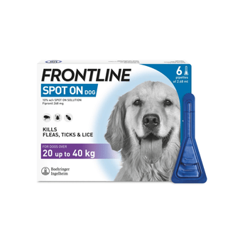 Frontline Spot On Dog flea, tick and lice treatment for dogs over 20 kg, up to 40kg shown with its blue applicator vial next to the white and blue retail box featuring a dog photo.