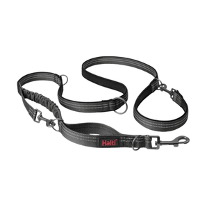 White background with a Grey Halti Anatomy Multi Lead with a metal clips and loops.