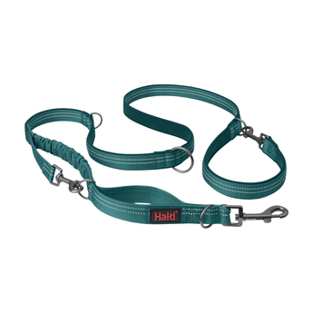 White background with a Teal Halti Anatomy Multi Lead with a metal clips and loops.