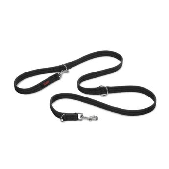 White background with a Black Halti Training Lead with a metal clips and loops.