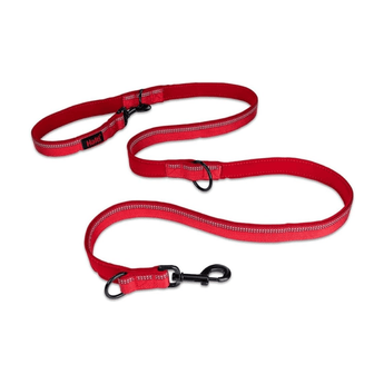 White background with a red Halti Double Ended Lead with a metal clips and loops.
