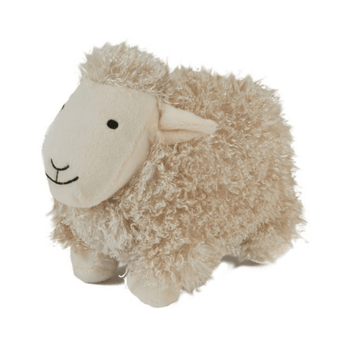 A small Happy Pet plush sheep toy with curly cream-colored wool and a smooth cream face, photographed on a plain white background.