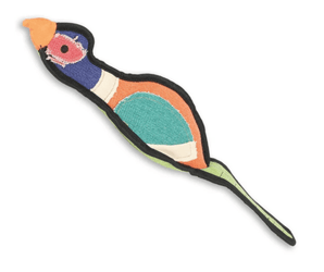 A Happy Pet pheasant-shaped dog toy made of fabric with a blue head, orange body, green belly and tail, yellow beak, and black trim, shown on a plain white background.