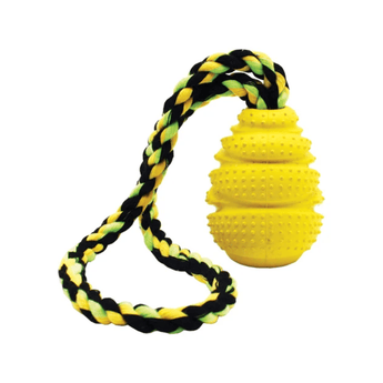 A yellow Grrrelli Rope Tugger Dog Toy textured rubber dog toy with a braided rope handle in black, yellow, and green, isolated on a white background.