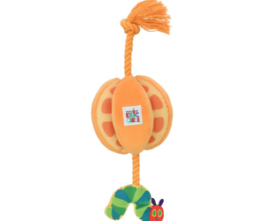 A colourful Orange shaped Happy Pet plush tugger Hungry Caterpillar toy with a rope attachment and a Hungry Caterpillar dangling from the end of the rope.