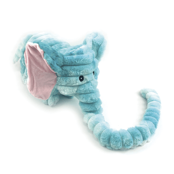 A light blue plush elephant dog toy with a textured, segmented trunk and ear, featuring a soft pink inner ear and small black eyes, set against a plain white background.