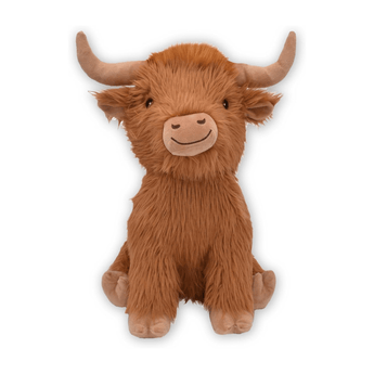White background with a Happy Pet brown highland Cow with a fluffy body and head with horns and stitched features.