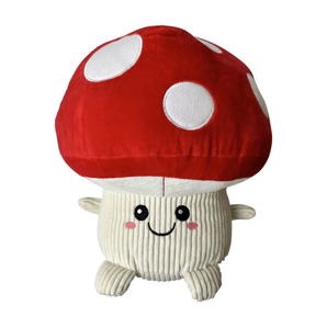 White background with a large Happy Pet mushroom dog toy with a stitched smiley face and red and white cap.
