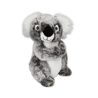 A Happy Pet plush koala dog toy with grey and white fur, large fluffy ears, and a black nose, photographed against a plain white background.