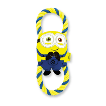 White background with a blue and yellow Happy Pet Minion dog toy with tug ropes at the top and bottom.