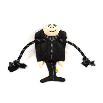 White background with a black and grey Happy Pet Minions Gru dog toy with tug ropes for the scarf on the character.