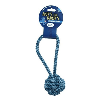 White background with an blue rope ball with a long rope handle.