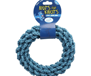 A blue braided rope dog toy with a hanging retail header card that reads 'Nuts for Knots' and 'Small Rope Dog,' photographed on a plain white background.