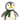 White background with a close up of a rey and cream penguin with long orange and yellow rope legs wearing a green scarf.