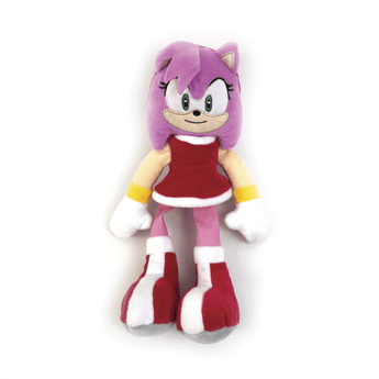 A plush dog toy of Amy Rose from Sonic the Hedgehog, featuring her classic pink body, cream-colored face and belly, white gloves, and red-and-white striped shoes, set against a plain white background.