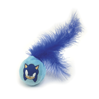A Sonic the Hedgehog plush toy ball with a long blue feather attached, shown on a plain white background.