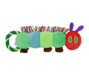 A colourful Happy Pet plush tugger Hungry Caterpillar toy with green and light blue segments, a red head, purple antennae, brown legs, and multicolored fringe on its back, shown on a plain white background.