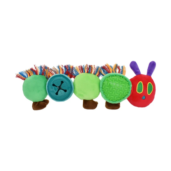 A colourful Happy Pet plush caterpillar treat dog toy on a plain white background. The toy features green body segments with multicoloured fringe, a blue button segment, a green textured segment, and a red head with purple antennae and green eyes.