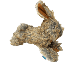 White background with a brown Hemmo and Co. Country Rabbit plush dog toy with stitch eye details.