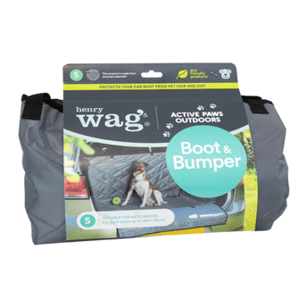 White background with a Small Henry Wag Car Boot and Bumper Protector cover folded in cardboard packaging with a Jack Russell dog pictured on it.