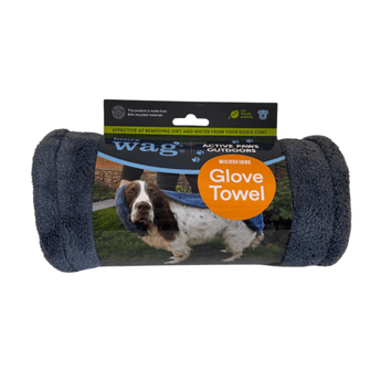 Grey microfibre glove towel rolled up in a cardboard sleeve with text 'Henry Wag, Active Paws Outdoors, Microfibre Glove Towel' with a picture of a Springer Spaniel being dried with the glove towel. Pictured on a white background.