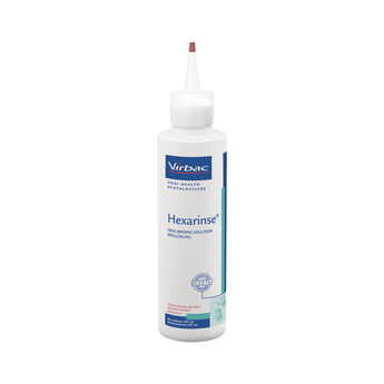 White background with a bottle of Virbac Hexarinse Oral rinsing solution pictured.