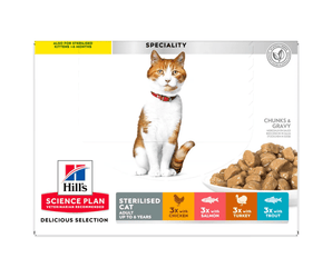 Box of wet cat food pouches with an adult ginger tabby cat pictured on the box, text on the box says 'Sterilised Cat Adult up to 6 years' and '3x with Chicken, x3 with Salmon, 3x with Turkey, 3x with Trout' below is a picture of the wet food.