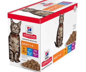 Box of wet cat food pouches with an adult brown tabby cat pictured on the box, text on the box says 'Adult 1-6' and 'with Chicken x6, with Ocean Fish x6, with Beef x6' below is a picture of the wet food.