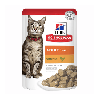 Wet cat food pouch with a brown tabby cat pictured on the packet, text on pouch says 'Adult 1-6' and 'with Chicken' below is a picture of the wet food.