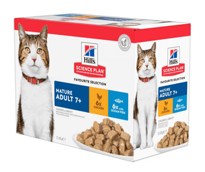 Box of Hills wet cat food with a brown and white tabby cat pictured on the packet, text on pouch says 'Mature Adult 7+' and '6x Chicken, 6x with Ocean Fish' below is a picture of the wet food.
