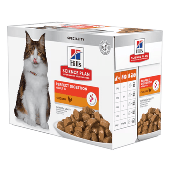 Box of wet cat food pouches with a brown and white tabby cat pictured on the box, text on the box says 'Perfect Digestion, Adult 1+' and 'with Chicken' below is a picture of the wet food.