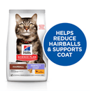 Hills Science Plan cat dry food packaged in a white bag with an adult brown tabby cat pictured on the bag. Text on bag say 'Hill's Science Plan, veterinarian recommended' and 'Hairball & Perfect Coat, Adult 1+ years' with a chicken pictured with text 'with chicken' beneath on white background. Large blue circle pictured over the side of the bag with white text saying 'Helps reduce hairballs & supports coat'.