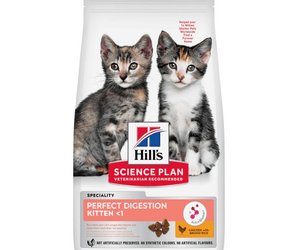Hills Science Plan dry cat food packaged in a white bag with two kittens pictured on the bag. Text on bag says 'Hill's Science Plan, veterinarian recommended' and 'Perfect Digestion Kitten <1' with a chicken pictured with text 'Chicken with brown rice' beneath on white background.