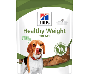 Hills Healthy Weight dog treats packaged in a white bag with an adult brown and white beagle dog pictured on the bag. Text on bag say 'Hill's, Healthy Weight Treats' on white background.
