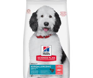 Hills Science Plan dry dog food packaged in a white bag with a grey and white adult dog pictured on the bag. Text on bag say 'Hill's Science Plan, veterinarian recommended' and 'Hypoallergenic, Large, Adult 1-5' with a salmon pictured with text 'with salmon' beneath on white background.