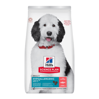 Hills Science Plan dry dog food packaged in a white bag with a grey and white adult dog pictured on the bag. Text on bag say 'Hill's Science Plan, veterinarian recommended' and 'Hypoallergenic, Large, Adult 1-5' with a salmon pictured with text 'with salmon' beneath on white background.