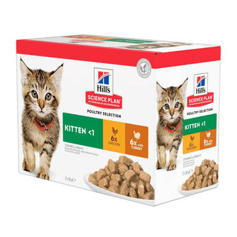Box of wet cat food pouches with a brown tabby kitten pictured on the box, text on the box says 'Kitten <1' and 'with Chicken x6 and with Turkey x6' below is a picture of the wet food.