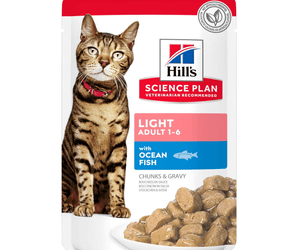 Wet cat food pouch with a brown tabby cat pictured on the packet, text on pouch says 'Light Adult 1-6' and 'with Ocean Fish' below is a picture of the wet food.