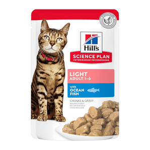 Wet cat food pouch with a brown tabby cat pictured on the packet, text on pouch says 'Light Adult 1-6' and 'with Ocean Fish' below is a picture of the wet food.