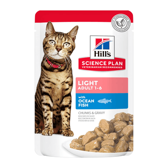 Wet cat food pouch with a brown tabby cat pictured on the packet, text on pouch says 'Light Adult 1-6' and 'with Ocean Fish' below is a picture of the wet food.