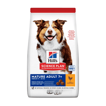 Hills Science Plan dry dog food packaged in a white bag with an adult brown and white collie dog pictured on the bag. Text on bag say 'Hill's Science Plan, veterinarian recommended' and 'Mature Adult 7+, Medium 11kg - 25kg' with a chicken pictured with text 'with chicken' beneath on white background.