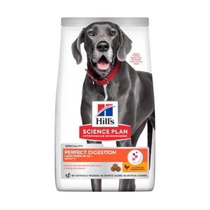 Hills Science Plan dry dog food packaged in a white bag with an adult grey Great Dane dog pictured on the bag. Text on bag say 'Hill's Science Plan, veterinarian recommended' and 'Perfect Digestion, Large 25kg+, Adult 1+' with a chicken pictured with text 'with chicken & brown rice' beneath on white background.
