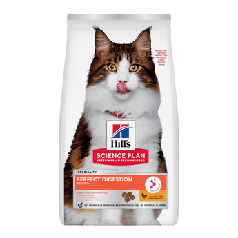 Hills Science Plan cat dry food packaged in a white bag with an adult tabby and white cat pictured on the bag. Text on bag say 'Hill's Science Plan, veterinarian recommended' and 'Perfect Digestion, Adult 1+' with a chicken pictured with text 'with chicken & brown rice' beneath on white background.
