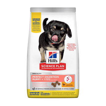 Hills Science Plan dry dog food packaged in a white bag with black and tan puppy pictured on the bag. Text on bag say 'Hill's Science Plan, veterinarian recommended' and 'Perfect Digestion, Medium, Puppy <1' with a chicken pictured with text 'with chicken & brown rice' beneath on white background.