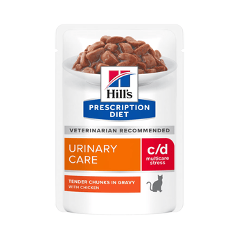 Hills Prescription cat food pouch with a bowl full of food pictured on the packet, text reads 'Urinary Care, C/D Multicare Stress' and 'Tender chunks in Gravy with Chicken' on a white background.