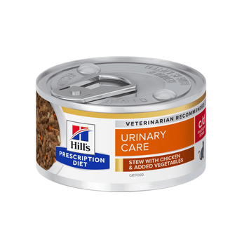 Hills Prescription cat food tin with a bowl full of food pictured on the label, text reads 'Urinary Care, C/D Multicare Stress' and 'Stew with chicken & added vegetables' on a white background.