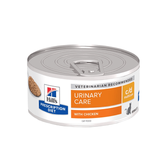 Hills Prescription cat food tin with a spoon full of food pictured on the label, text reads 'Urinary Care, C/D' and 'with chicken' on a white background.