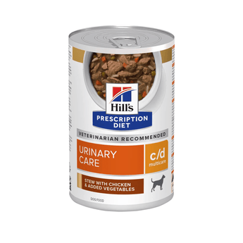 Hills Prescription dog food tin with a bowl full of food pictured on the label, text reads 'Urinary Care, C/D Multicare' and 'Stew with chicken & added vegetables' on a white background.