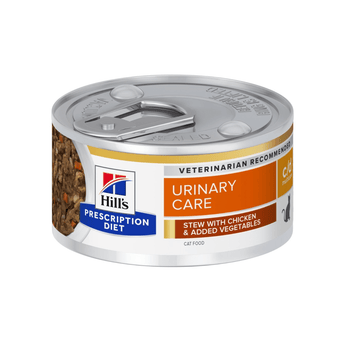 Hills Prescription cat food tin with a spoon full of food pictured on the label, text reads 'Urinary Care, C/D' and 'Stew with chicken & added vegetables' on a white background.