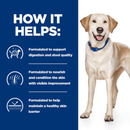 Picture of an adult golden Labrador dog pictured next to a blue section with white text stating 'How it helps: Formulated to support digestion and stool quality, Formulated to nourish and condition the skin with visible improvement, Formulated to help maintain a healthy skin barrier.'